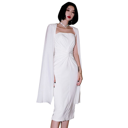 Load image into Gallery viewer, Casual White Dress For Women Square Collar High Waist Twist Front Solid Midi Dresses Female Korean Fashion Clothing
