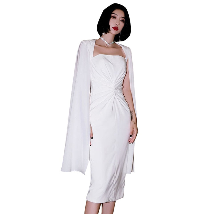 Casual White Dress For Women Square Collar High Waist Twist Front Solid Midi Dresses Female Korean Fashion Clothing