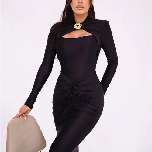 Load image into Gallery viewer, Hollow Out Long Sleeve Sexy Maxi Dress For Women Gown Autumn Winter New Metal Buckle Ruched Slit Long Dress Elegant
