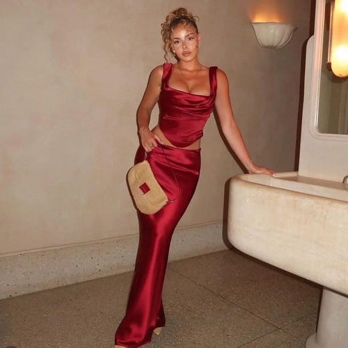 Load image into Gallery viewer, Wine Christmas Dress Women Satin 2 Piece Dress Set Elegant Bodycon Corset Cropped Top and Long Skirt Women Clothing
