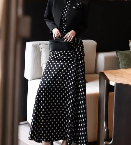 Spliced wave point two piece sets for women O neck long sleeves short jacket sleeveless dress elegant set female new