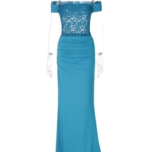 Load image into Gallery viewer, Off-shoulder Strapless Sexy Maxi Dress For Women Elegant Blue Sleeveless Backless Lace Patchwork Bodycon Long Dress
