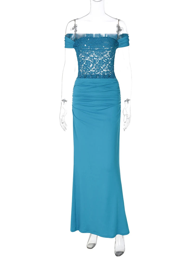 Off-shoulder Strapless Sexy Maxi Dress For Women Elegant Blue Sleeveless Backless Lace Patchwork Bodycon Long Dress