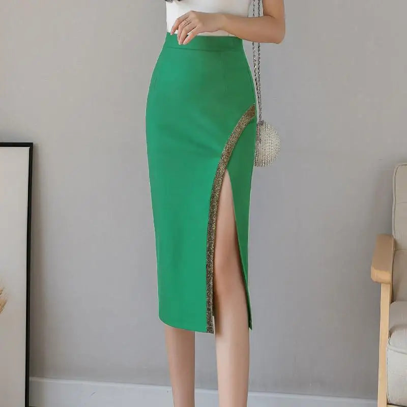 Korean Version Spring Summer Women Patchwork High Waist Midi Skirt Streetwear Popular Sexy Oversized Wrap Hip Split Skirt Trendy