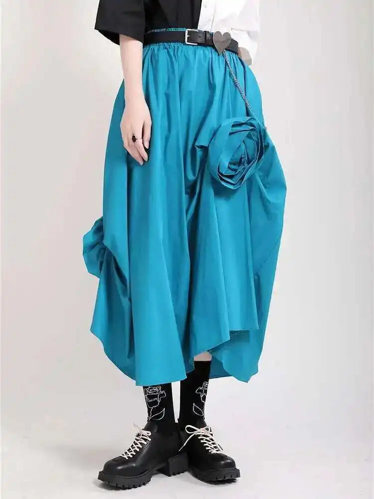 High Elastic Waist Blue Three Dimensional Flower Pleated Half-body Skirt Women Fashion New Spring Autumn 2025 1DF5749