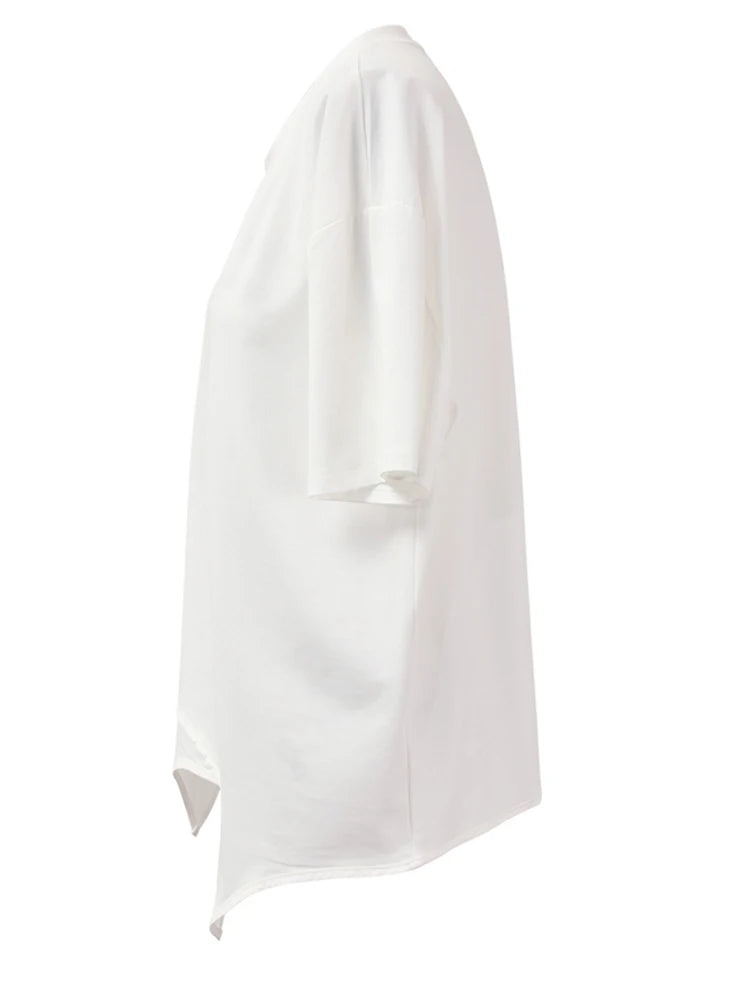 Women White Irreuglar Hem Double Layers Big Size  T-shirt New Round Neck Short Sleeve Fashion Spring Summer 2025 1DH5357
