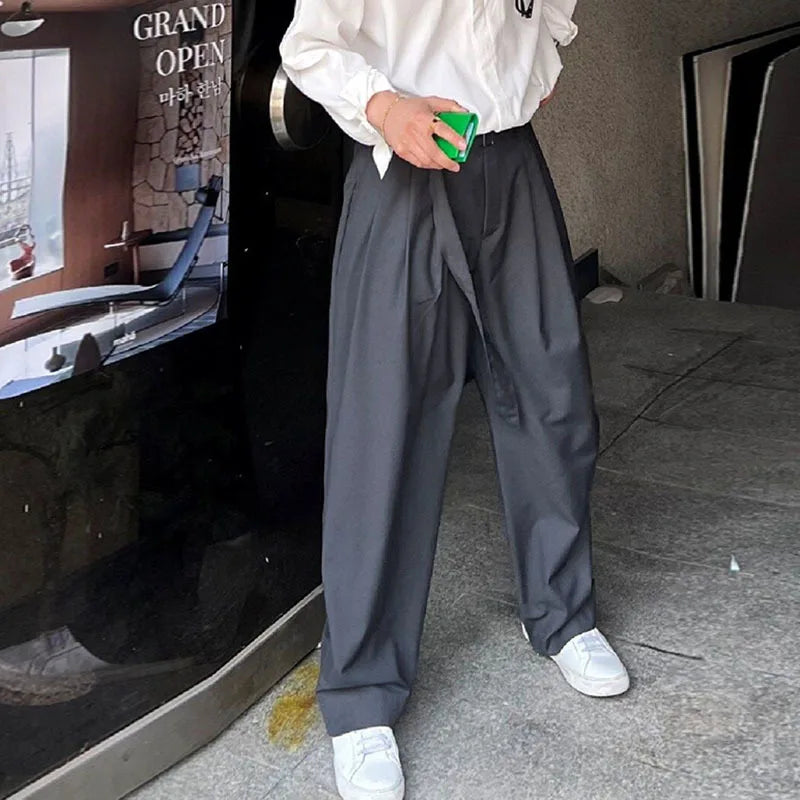 Korean Style Men's Pants Casual Belt Solid Color Bottom Straight Wide Leg Male Trousers 2025 Spring New Stylis 9C6740