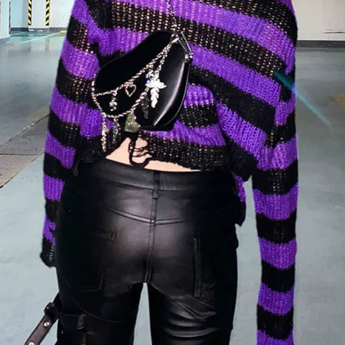 Load image into Gallery viewer, Striped Women's Crop Sweater Punk Streetwear Korean Style Hole Thin Knitted  Gothic Long Sleeve Y2k Pullover
