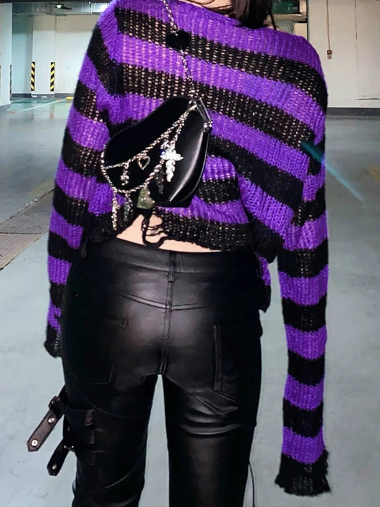 Striped Women's Crop Sweater Punk Streetwear Korean Style Hole Thin Knitted  Gothic Long Sleeve Y2k Pullover