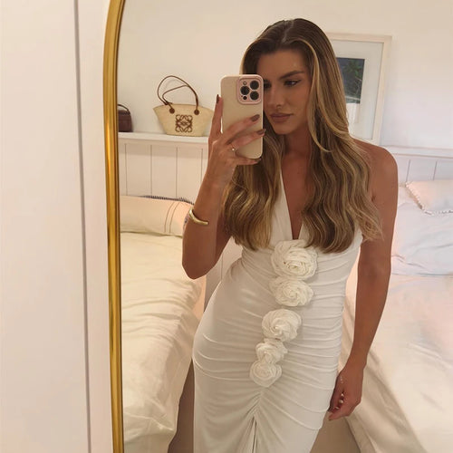 Load image into Gallery viewer, White Floral Ruched Sexy Maxi Dress For Women Gown Halter Deep V Neck Sleeveless Ruffled Bodycon Club Long Dress
