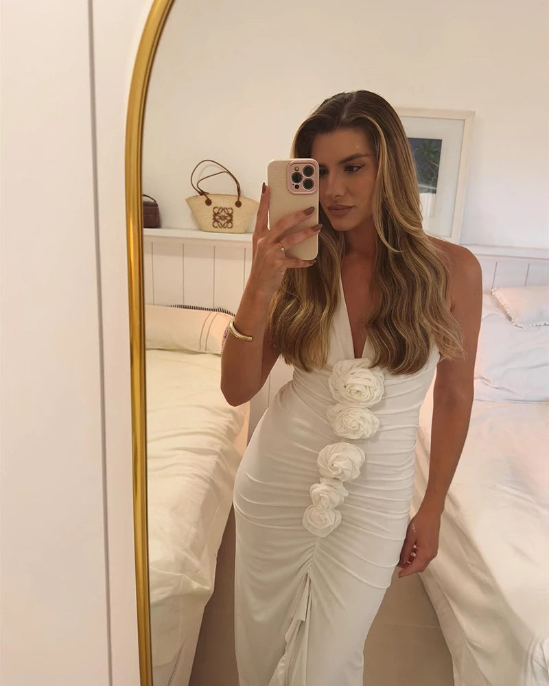 White Floral Ruched Sexy Maxi Dress For Women Gown Halter Deep V Neck Sleeveless Ruffled Bodycon Club Long Dress