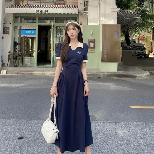 Load image into Gallery viewer, Preppy Style School Student Dress Women Sweet Vintage College Polo Long Dresses Autumn Korean Fashion New in Kpop
