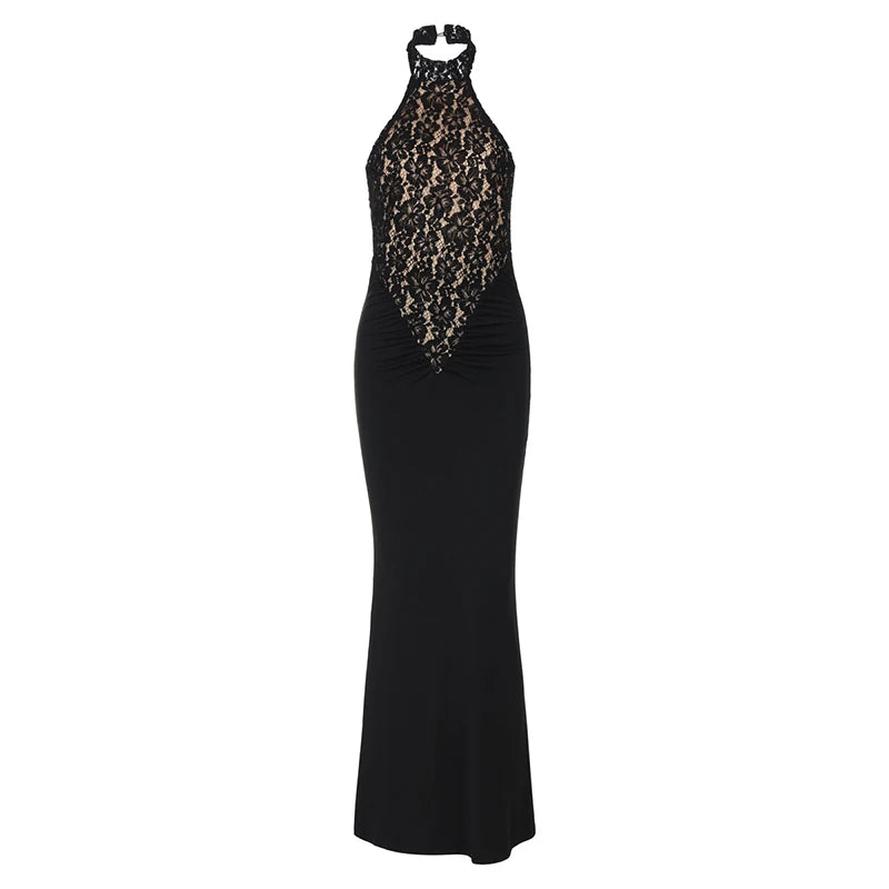 Lace Halter Backless Sexy Maxi Dress For Women Black Off-shoulder Strapless Sleeveless Bodycon Club Party Long Dress