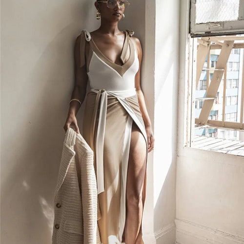 Load image into Gallery viewer, Patchwork Backless Sexy Maxi Dress  Women Fashion Spaghetti Strap V Neck Sleeveless High Split Sexy Long Dress Elegant
