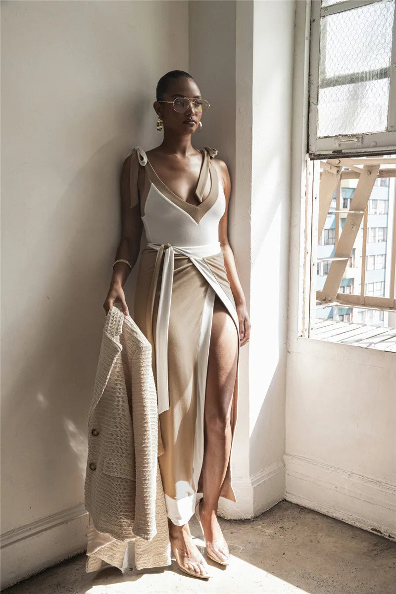 Patchwork Backless Sexy Maxi Dress  Women Fashion Spaghetti Strap V Neck Sleeveless High Split Sexy Long Dress Elegant