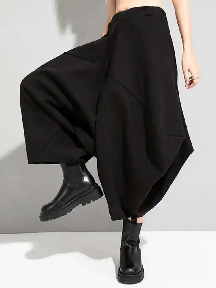High Elastic Waist Black Irregular Big Size Long Trousers New Loose Fit Pants Women Fashion Spring Autumn 2025 1DE4266