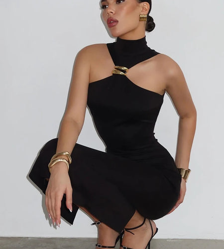 Turtleneck Off-shoulder Sexy Maxi Dress Women Gown Summer New Ring Metal Sleeveless Backless Skinny Knit Long Dress