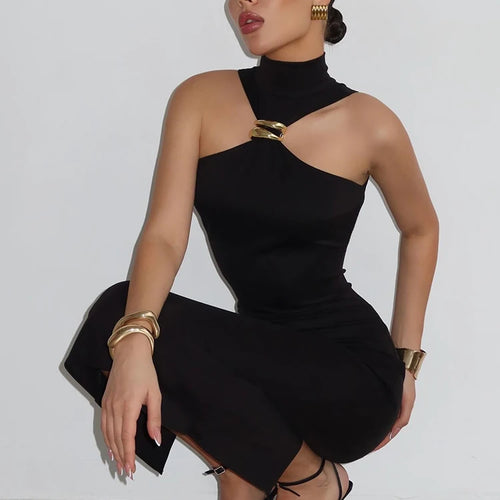 Load image into Gallery viewer, Turtleneck Off-shoulder Sexy Maxi Dress Women Gown Summer New Ring Metal Sleeveless Backless Skinny Knit Long Dress
