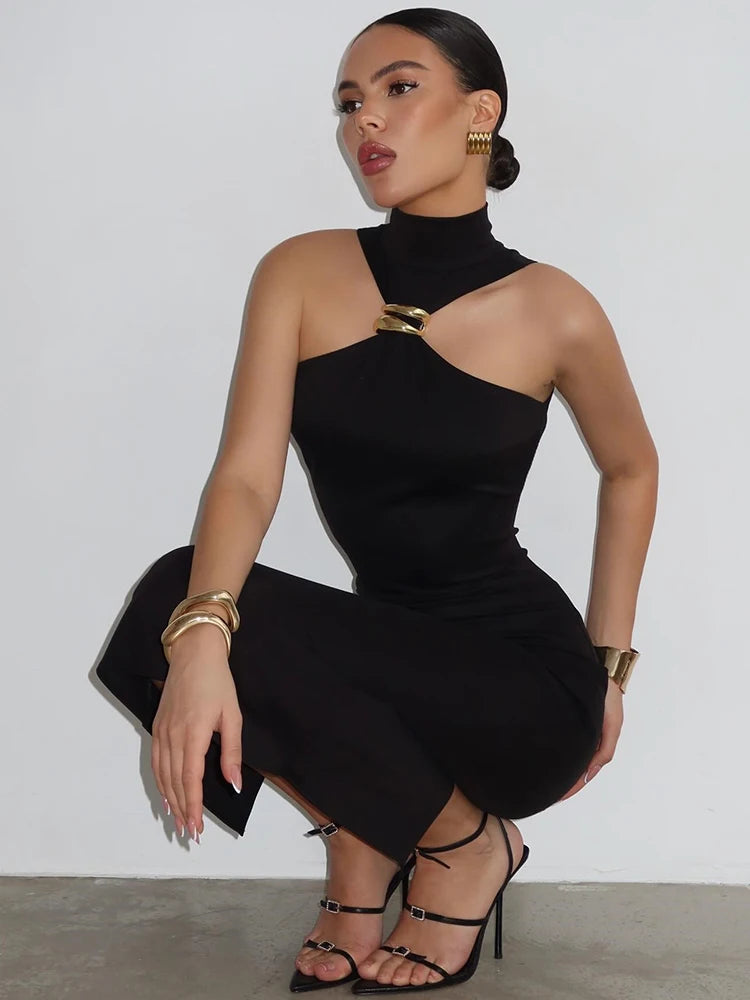 Turtleneck Off-shoulder Sexy Maxi Dress Women Gown Summer New Ring Metal Sleeveless Backless Skinny Knit Long Dress