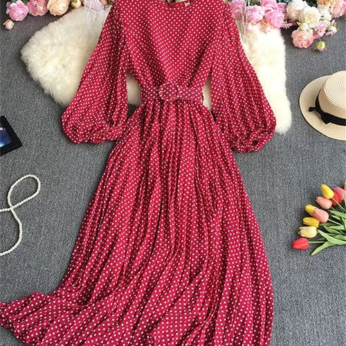 Load image into Gallery viewer, Vintage Pleated Dress for Women Polka Pot Puff Long Sleeve O Neck Elegant A Line Dresses 2023 High Waisted Casual Dress
