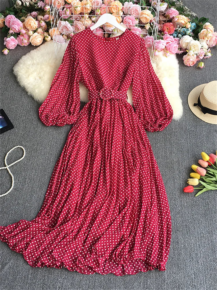 Vintage Pleated Dress for Women Polka Pot Puff Long Sleeve O Neck Elegant A Line Dresses 2023 High Waisted Casual Dress