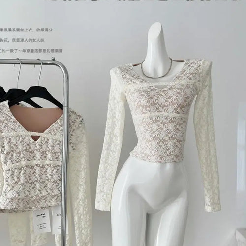 Load image into Gallery viewer, Autumn Vintage Ladies Beige Lace V Neck Pullover T Shirt French Fashion Women Elegant Long Sleeved Short Bottom Tops Simplicity
