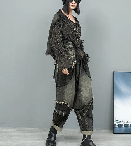 Black Denim Burr Big Size Knitting Sweater Round Neck Long Sleeve Women Pullovers New Fashion Spring Autumn 2025 1DH9546