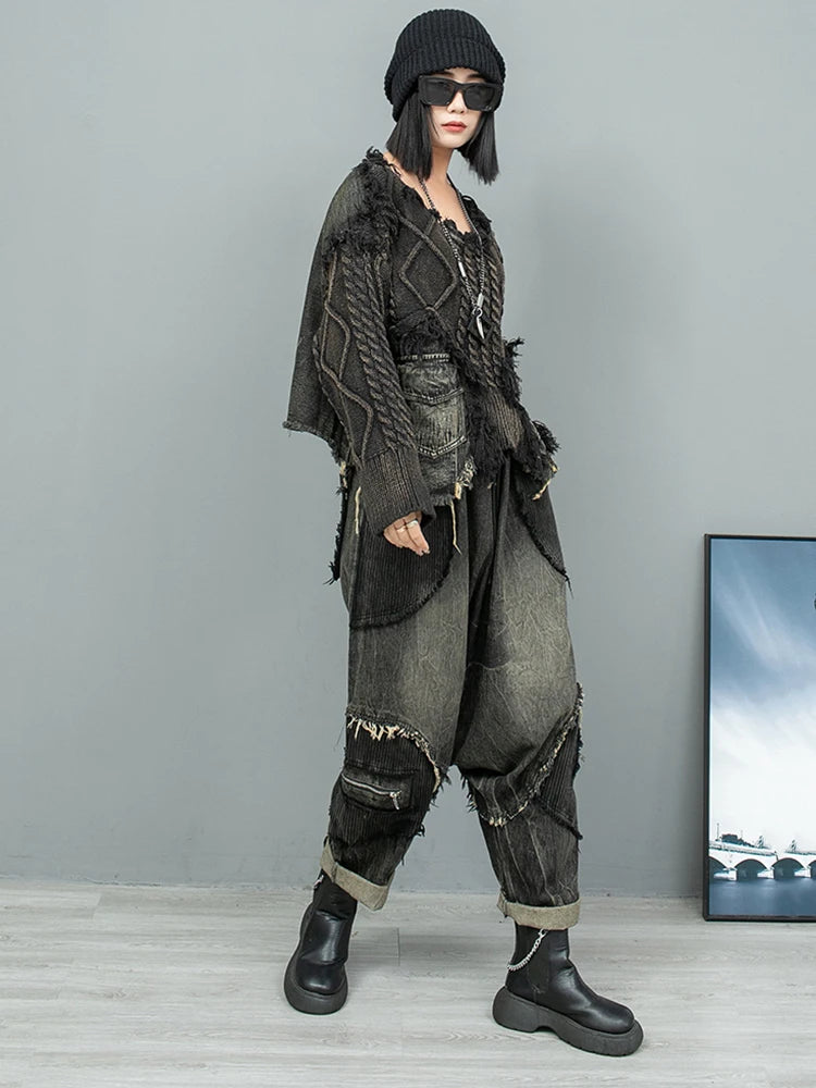 Black Denim Burr Big Size Knitting Sweater Round Neck Long Sleeve Women Pullovers New Fashion Spring Autumn 2025 1DH9546