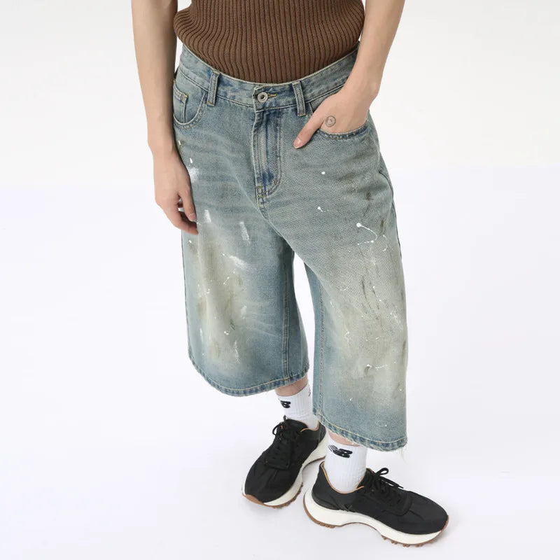 Niche Design Men's Denim Trousers Vintage Worn-out Ink Design Calf-length Pants Wide Leg Male Straigth Bottom 9C6312