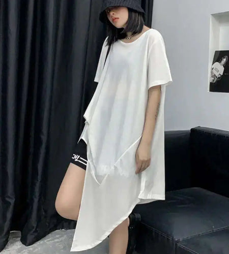 Women Black Asymmetric Hem Casual Big Size T-shirt New Round Neck Short Sleeve Fashion Tide Spring Summer 2025 1DF4786