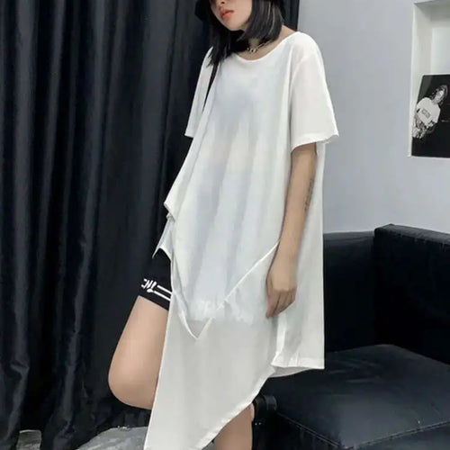 Load image into Gallery viewer, Women Black Asymmetric Hem Casual Big Size T-shirt New Round Neck Short Sleeve Fashion Tide Spring Summer 2025 1DF4786
