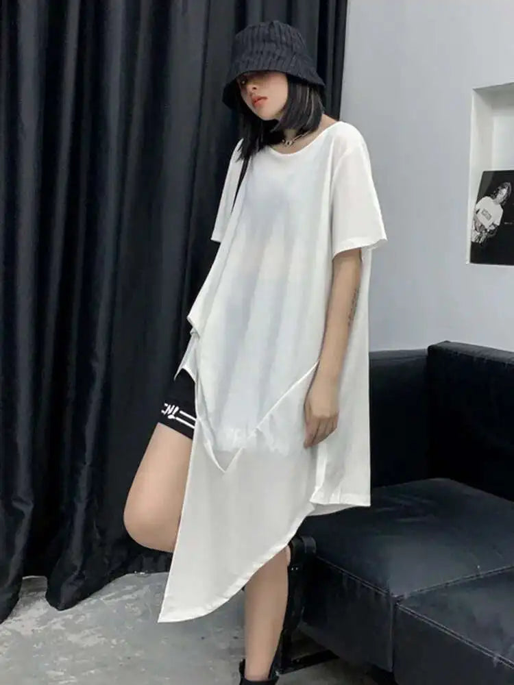 Women Black Asymmetric Hem Casual Big Size T-shirt New Round Neck Short Sleeve Fashion Tide Spring Summer 2025 1DF4786
