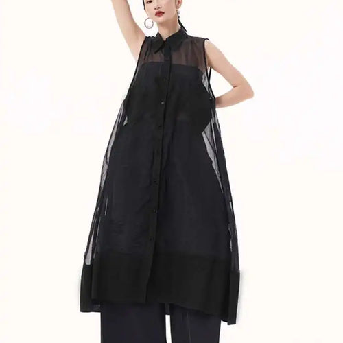 Load image into Gallery viewer, Women Black Mesh Perspective Big Size Long Shirt Dress New Lapel Sleeveless Fashion Tide Spring Summer 2025 1DH9517
