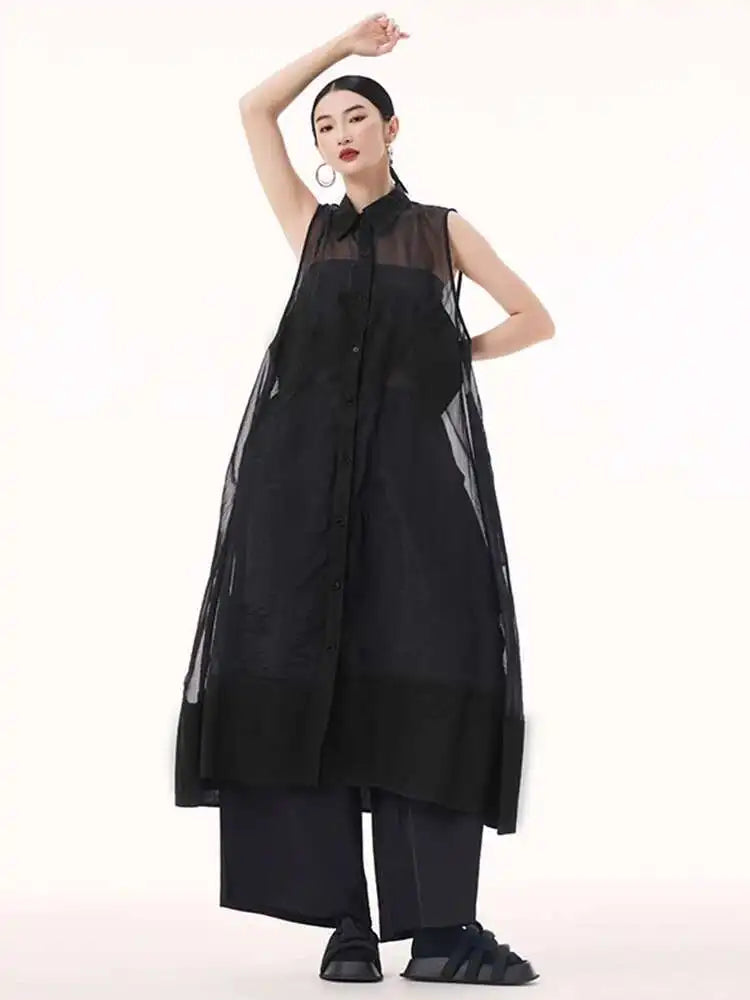 Women Black Mesh Perspective Big Size Long Shirt Dress New Lapel Sleeveless Fashion Tide Spring Summer 2025 1DH9517