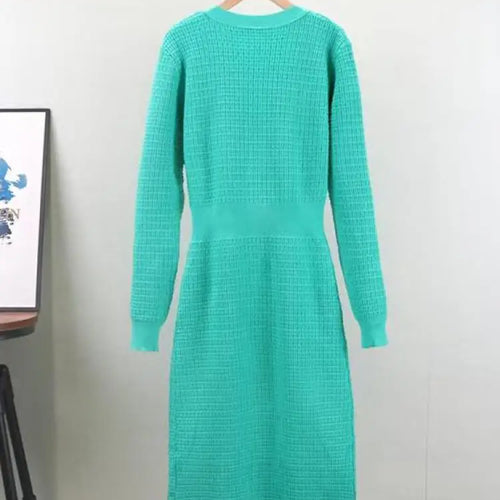 Load image into Gallery viewer, Autumn Winter Black White Single Breasted Diamonds Sweater Dress Korean Green Elegant Office Women's Long Sleeve Bow Knit Dress
