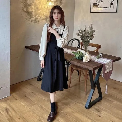 Load image into Gallery viewer, Soft Polo Shirt Dress Women Autumn Vintage Preppy Style Korean Long Sleeve Midi Belt Dress School Student Clothes
