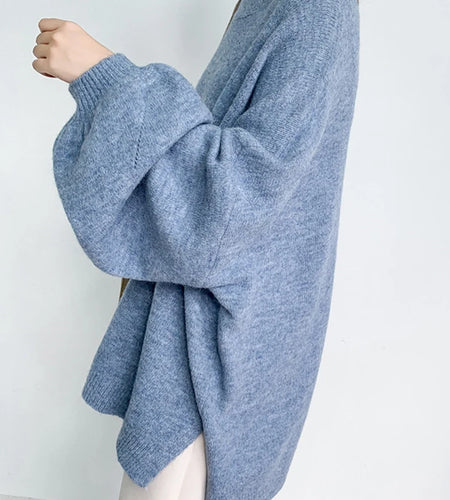 Blue Big Size Knitting Sweater Loose Fit Round Neck Lantern Sleeve Women Pullovers New Fashion Spring Autumn 2025 1DD6061