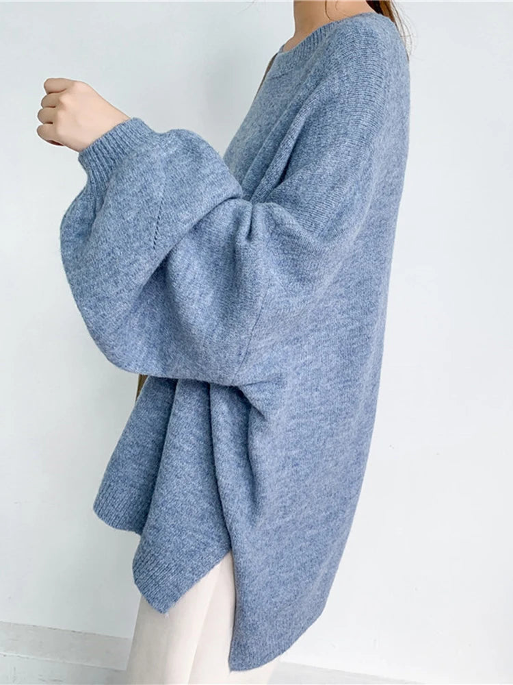 Blue Big Size Knitting Sweater Loose Fit Round Neck Lantern Sleeve Women Pullovers New Fashion Spring Autumn 2025 1DD6061