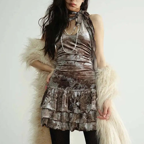 Load image into Gallery viewer, Women Apricot Silver Velvet Elegant Ruffles Mini Dress New Round Neck Sleeveless Fashion Tide Spring Autumn 20251DH8264
