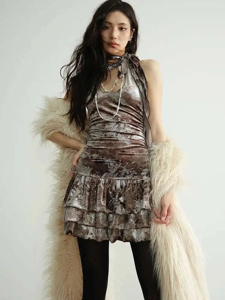 Women Apricot Silver Velvet Elegant Ruffles Mini Dress New Round Neck Sleeveless Fashion Tide Spring Autumn 20251DH8264