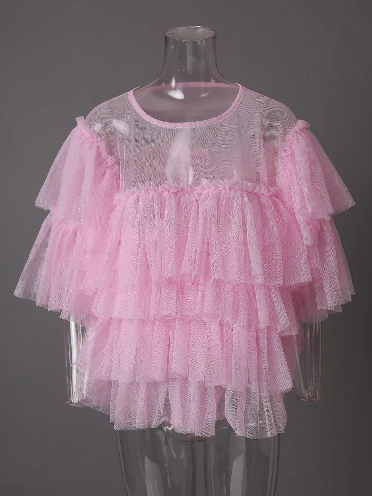 Mesh T-shirt Cake Half-body Skirt Two Pieces Suit New Round Neck Short Sleeve Women Fashion Spring Summer 2025 CPG3209