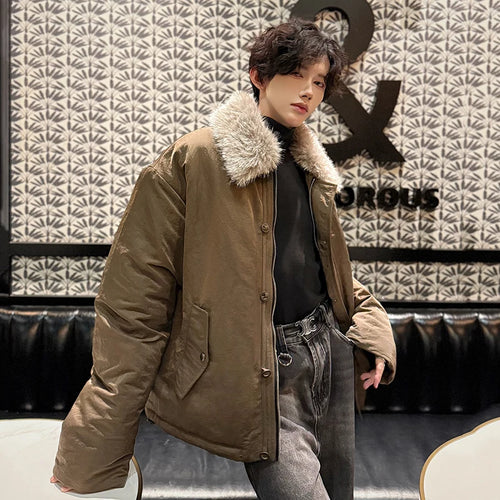 Load image into Gallery viewer, Winter Men&#39;s Padded Jackets Fur Collar Zipper Patchwork Laple Solid Color Single Breasted Thickened Male Cotton Coat 9C9355
