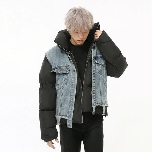 Load image into Gallery viewer, Fake Two-piece Men&#39;s Coats Niche Design Stand Collar Detachable Sleeveless Vest Patchwork Drawstring Padded Jackets 9C9331
