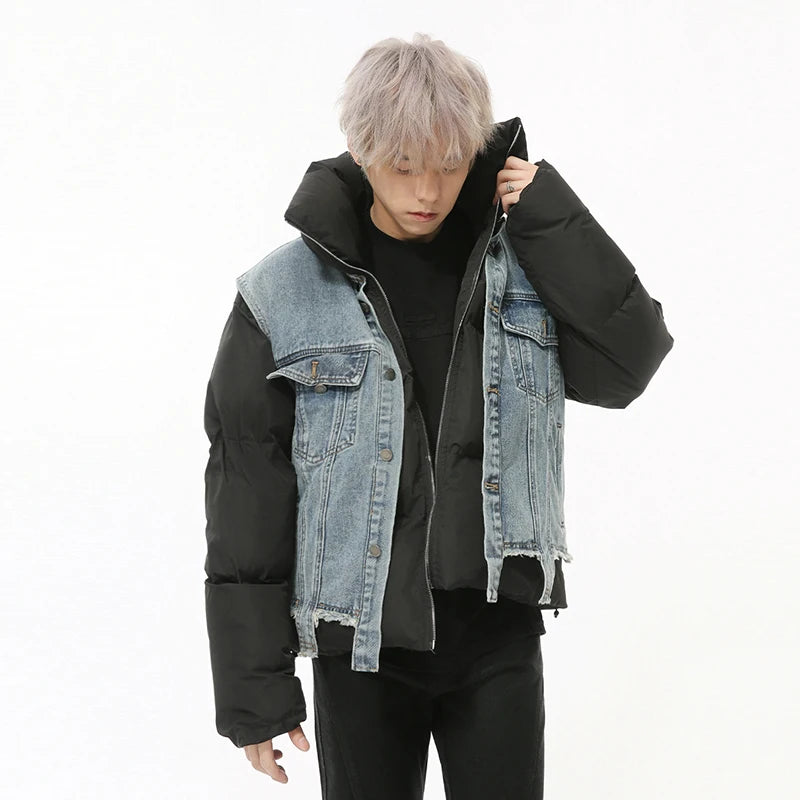 Fake Two-piece Men's Coats Niche Design Stand Collar Detachable Sleeveless Vest Patchwork Drawstring Padded Jackets 9C9331