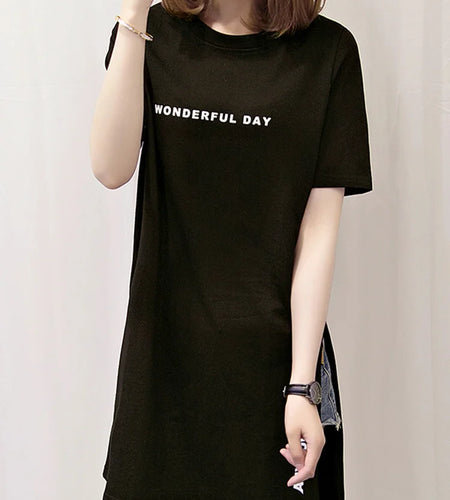 WONDERFUL DAY Print Long T shirts Summer Women Loose Slit Femme Tops Cotton Tshirt Short sleeve Ladies t-shirt