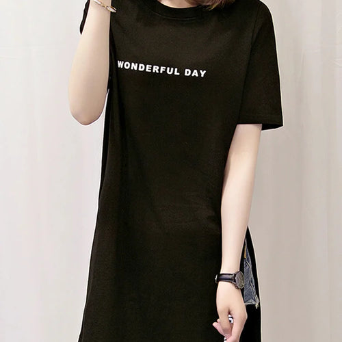 Load image into Gallery viewer, WONDERFUL DAY Print Long T shirts Summer Women Loose Slit Femme Tops Cotton Tshirt Short sleeve Ladies t-shirt
