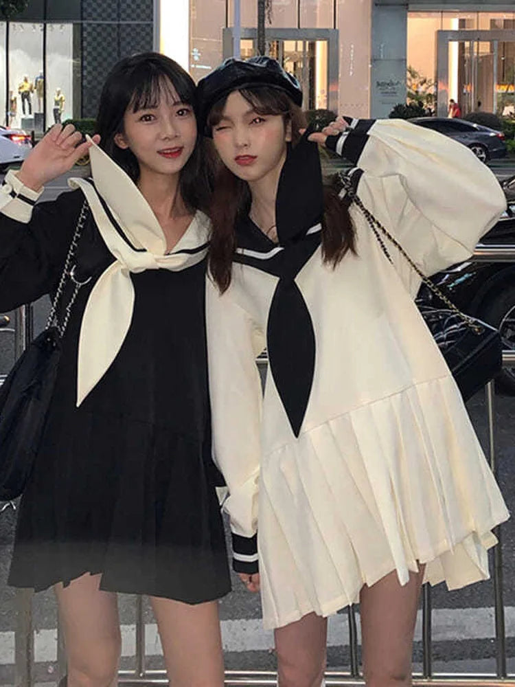 Preppy Style School Kawaii Pleated Dress Women Korean Style Sailor Collar Long Sleeve Short Dresses Japanese Fashion