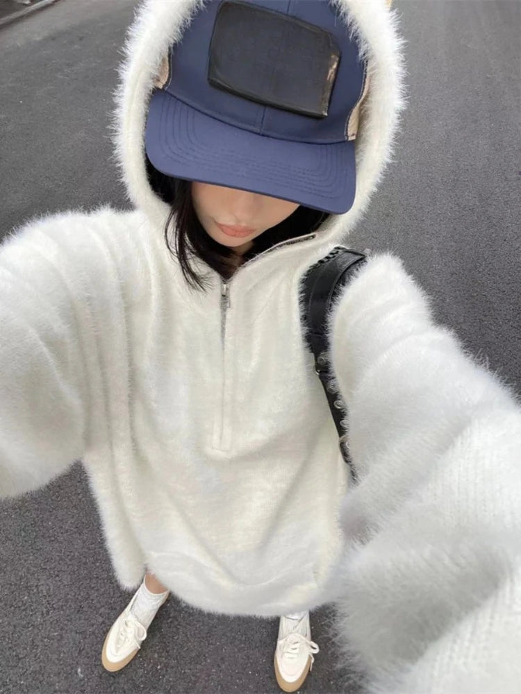 Streetwear Solid Grunge Zipper Hooded Sweaters 2025 Autumn Y2k Aesthetic Loose Casual Pullovers Women Oversized Harajuku Jumpers