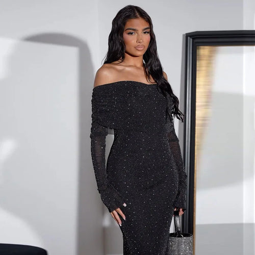 Load image into Gallery viewer, Glitter Off-shoulder Sexy Maxi Dress For Women Gown Black Strapless Long Sleeve Bodycon Club Party Sparkle Long Dress
