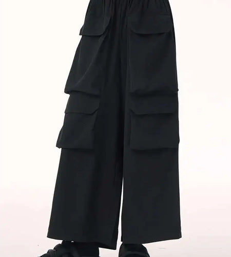 High Elastic Waist Black Pockets Casual Long Cargo Pants New Trousers Women Fashion Tide Spring Autumn 2025 1DH9216